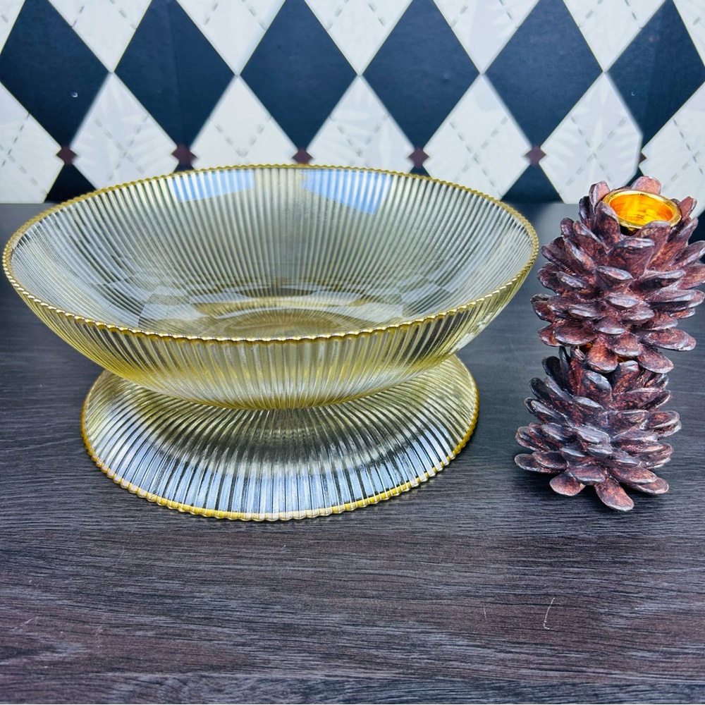 Amber Luster Ribbed Glass Bowl & Plate Set with Gold Rim Contemporary Tablescape - Picture 11 of 13